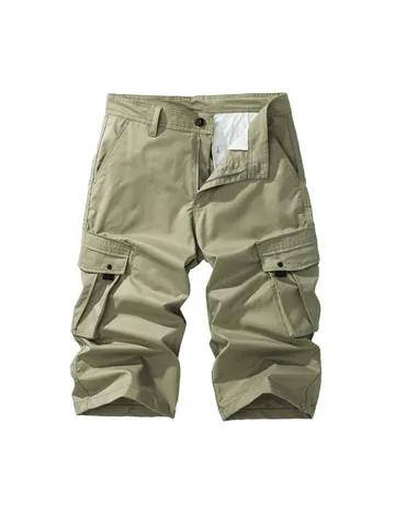 Men's Casual Cotton Blend Cargo Pants Mid Waist Drawstring Straight Cropped Trousers With Multi Pockets Summer Daily Wear