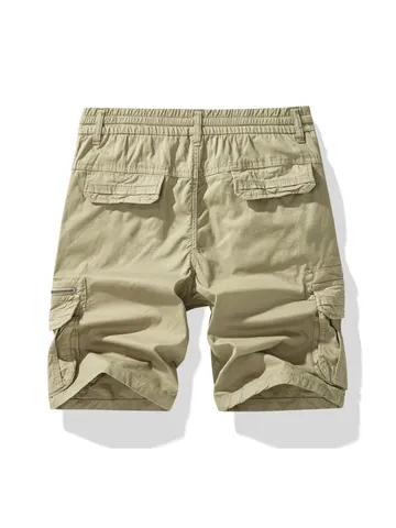 Men's Casual Cargo Shorts Cotton Multi-Pocket Elastic Waist Straight Fit Outdoor Athletic Five-Point Shorts