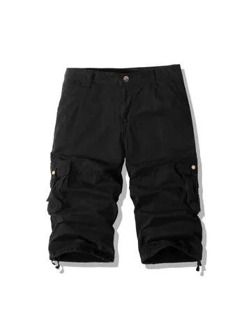 Men Casual Cotton Cargo Pants Solid Color Multi-Pocket Outdoor Sports Capri Pants Loose Fit Mid Waist Summer Trousers