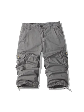 Men Casual Cotton Cargo Pants Solid Color Multi-Pocket Outdoor Sports Capri Pants Loose Fit Mid Waist Summer Trousers