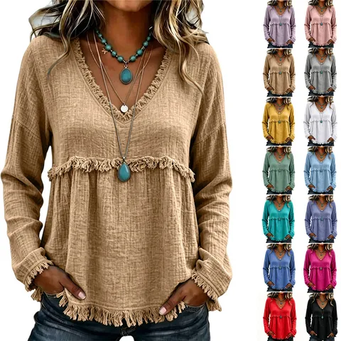 T-Shirt à Manches Longues et Col en V Pour Femmes Bordure à Franges Top Ample Décontracté en Polyester Couleur Unie Épissage