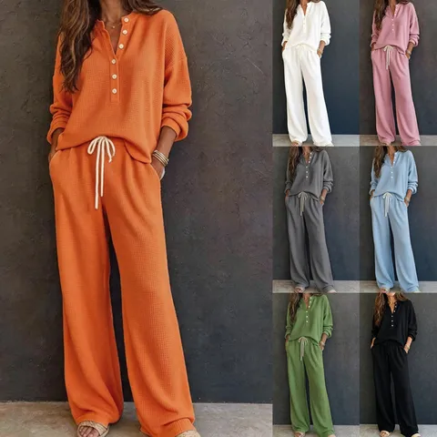 Women Casual Waffle Knit Top And Bottom Set V Neck Button Long Sleeve Top Drawstring Wide Leg Pants Loungewear