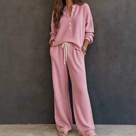 Women Casual Waffle Knit Top And Bottom Set V Neck Button Long Sleeve Top Drawstring Wide Leg Pants Loungewear