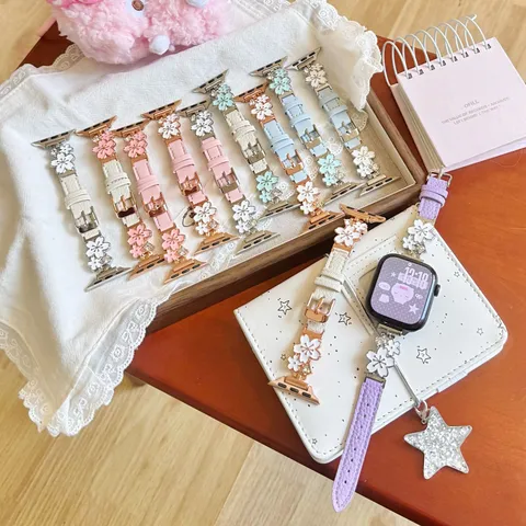 Leather Watch Band Compatible With Apple Watch Metal Floral Rhinestone Strap For Women Fashion Accessory