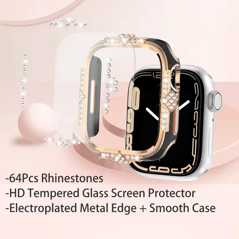 Electroplated Metal Rhinestone Smartwatch Protective Case With Tempered Glass Screen Protector