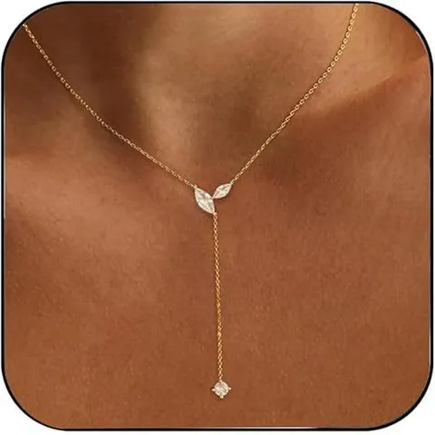 Collana a Forma di Y Placcata in Oro 14K per Donna Pendente a Foglia Marquise in Rame e Strass Catena Clavicola Gioielli di Moda