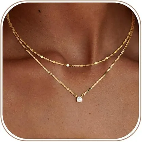 Collana a Doppio Strato in Rame Placcato Oro 14K con Zirconia per Donna Gioiello Girocollo a Catena a Graffetta Semplice e di Lusso