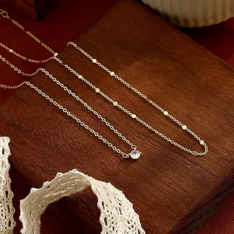 Collana a Doppio Strato in Rame Placcato Oro 14K con Zirconia per Donna Gioiello Girocollo a Catena a Graffetta Semplice e di Lusso