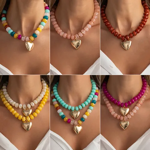 Collar de Cuentas de Resina de Color Caramelo Bohemio Colgante de Corazón de Aleación de Moda Collar de Clavícula para Mujer Regalo de Joyería