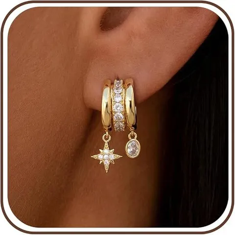 Juego de Pendientes Colgantes de Zircón de Hexagrama Dorado Poste de Plata de Ley 925 Latón Strass Joyería de Moda para Mujeres