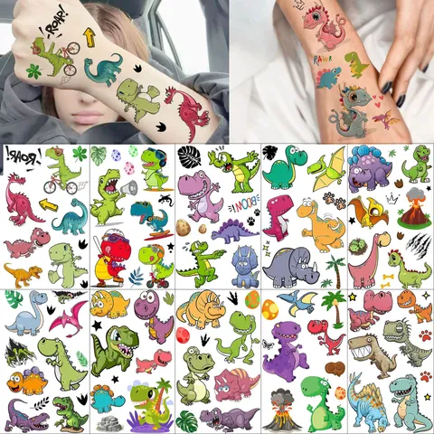 Adesivi per Tatuaggi Temporanei Impermeabili per Bambini Colorato Cartone Animato Dinosauro Animale Design Body Art Finti Tatuaggi