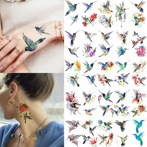 Adesivo per Tatuaggio Temporaneo Impermeabile Design Floreale di Colibrì Trasferimento d'Acqua Arte Corporea Finto Tatuaggio per Donne