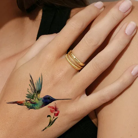 Adesivo per Tatuaggio Temporaneo Impermeabile Design Floreale di Colibrì Trasferimento d'Acqua Arte Corporea Finto Tatuaggio per Donne