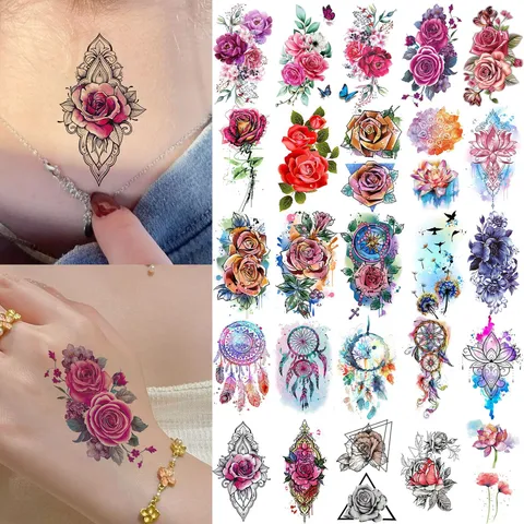 Adesivo per Tatuaggio Temporaneo Impermeabile Floreale Colorato Piuma Acchiappasogni Body Art Finto Tatuaggio per Donne e Uomini