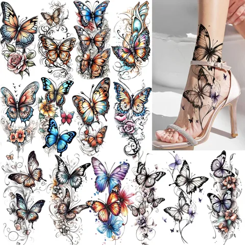 Adesivi per Tatuaggi Temporanei Impermeabili Farfalla Floreale Arte Corporea Falso Adesivo per Tatuaggi per Donne Braccio Gamba Decorazione