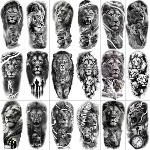 Adesivo Tatuaggio Temporaneo Impermeabile Realistico Design Famiglia di Leoni per Braccio e Gamba Body Art Uomo Donna Moda