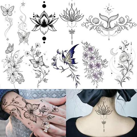 Adesivo per Tatuaggio Temporaneo Impermeabile Nero Bianco Fiore di Loto Pianta Floreale Body Art per Donne Uomini Festa Trucco