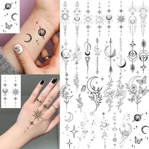 Adesivi per Tatuaggi Temporanei a Trasferimento d'Acqua Luna Geometrica Stelle Farfalla Linea Nera Body Art Finto Adesivo per Tatuaggio per Donne Uomini