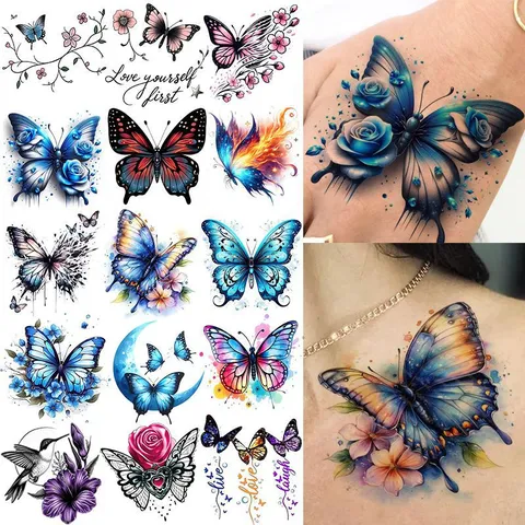 Adesivi per Tatuaggi Temporanei Impermeabili Farfalla Rosa Floreale Falce di Luna Finto Adesivo per Body Art per Donne Mano Collo Festa
