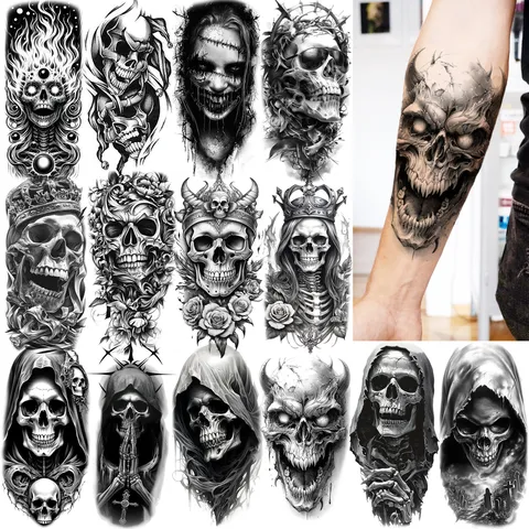 Adesivi per Tatuaggi Temporanei Impermeabili teschio Realistico Morte Gotico Braccio Gamba Decals per Tatuaggi Finti per Festa di Halloween