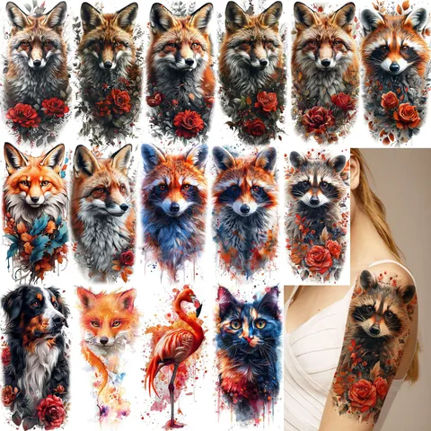 Adesivi per Tatuaggi Temporanei Impermeabili Acquerello Animale Volpe Rosa Floreale Braccio Gamba Body Art Finti Tatuaggi per Donna Uomo