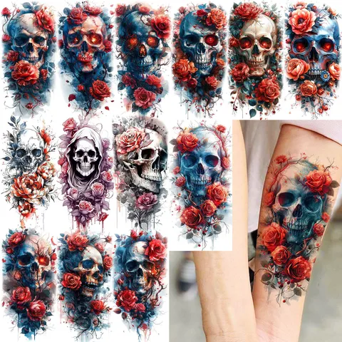 Adesivo per Tatuaggio Temporaneo Impermeabile Teschio di Halloween Rosa Floreale Body Art Braccio Gamba Finto Tatuaggio per Festa Donna Uomo