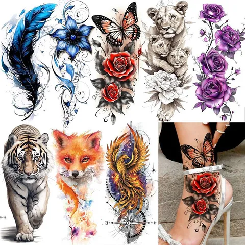 Adesivi per Tatuaggi Temporanei Impermeabili Design Floreale Farfalla Rosa Fenice Finto Tatuaggio Body Art per Festa Donna