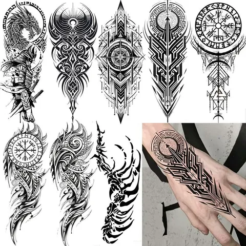 Adesivo per Tatuaggio Temporaneo con Totem Bussola Schizzo Nero Arte Corporea Impermeabile Finto Tatuaggio per Mano Braccio Uomo Donna