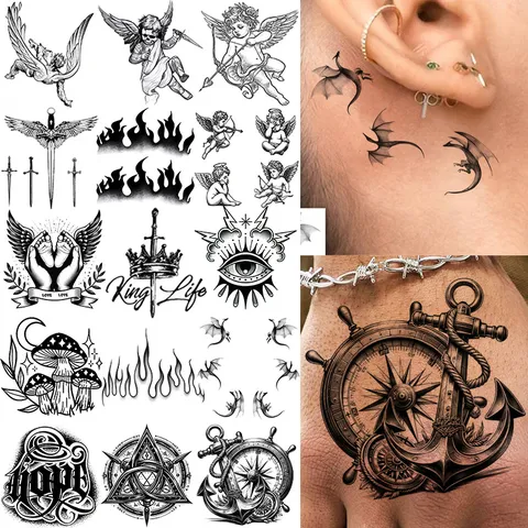 Adesivo per Tatuaggio Temporaneo Impermeabile Angelo Totem Fiamma Nera Bussola Ala Body Art Finto Tatuaggio Per Uomini Donne