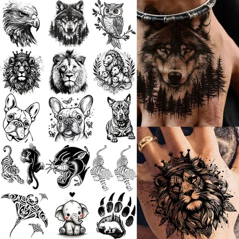 Adesivi per Tatuaggi Temporanei Impermeabili Serie Animali Leone Tigre Lupo Cane Body Art Finto Tatuaggio