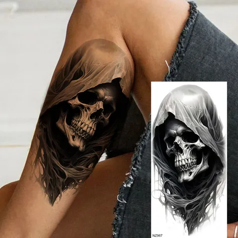 Adesivi per Tatuaggi Temporanei Impermeabili teschio Realistico Morte Gotico Braccio Gamba Decals per Tatuaggi Finti per Festa di Halloween