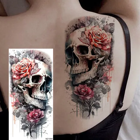 Adesivo per Tatuaggio Temporaneo Impermeabile Teschio di Halloween Rosa Floreale Body Art Braccio Gamba Finto Tatuaggio per Festa Donna Uomo