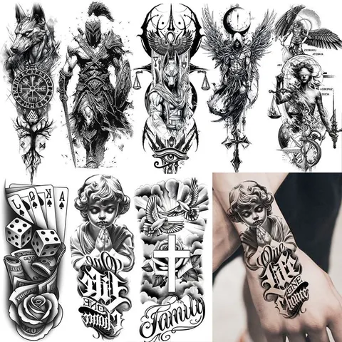 Adesivo per Tatuaggio a Trasferimento d'Acqua Nero e Bianco Guerriero Samurai Realistico Tatuaggio Temporaneo per Uomini Donne Body Art