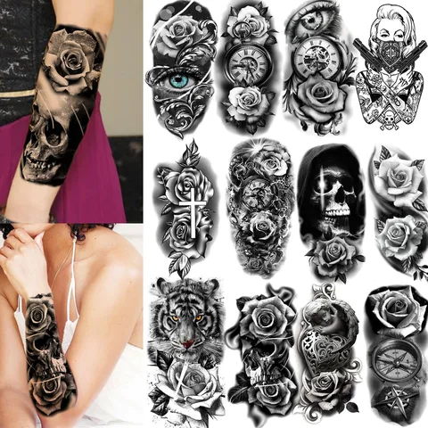 Adesivo per Tatuaggio Temporaneo Impermeabile Rosa Scura Teschio Tigre Design Arte Corporea