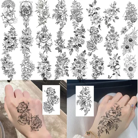 Adesivo per Tatuaggio con Trasferimento ad Acqua Disegno a Linee in Bianco e Nero Rosa Floreale Arte Corporea Adesivo per Tatuaggio Temporaneo