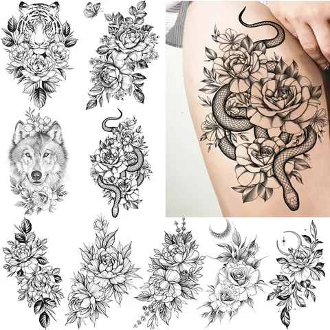 Adesivo per Tatuaggio Temporaneo Impermeabile Rosa Nera Floreale Disegno al Tratto Body Art Falso Tatuaggio Decalcomania Per Donne Braccio Gamba