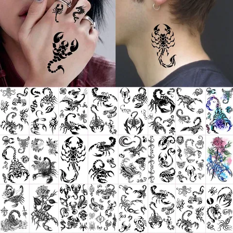 Adesivo per Tatuaggio Temporaneo Impermeabile Scorpione Drago Rosa Totem Stile Scuro Body Art Finto Tatuaggio per Mano Collo Donna Uomo