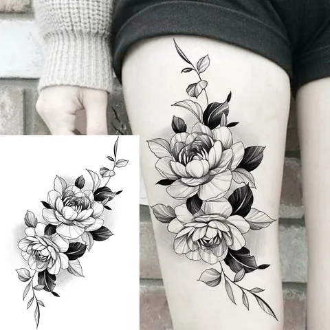 Adesivo per Tatuaggio Temporaneo Impermeabile Rosa Nera Floreale Disegno al Tratto Body Art Falso Tatuaggio Decalcomania Per Donne Braccio Gamba