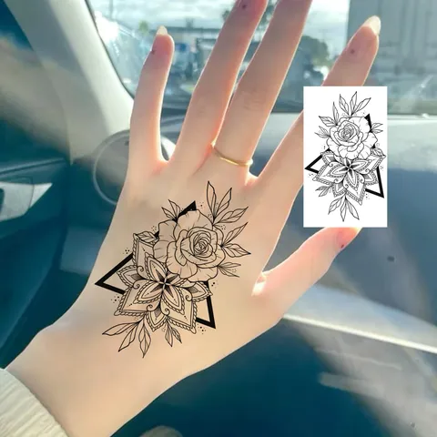 Adesivo per Tatuaggio con Trasferimento ad Acqua Disegno a Linee in Bianco e Nero Rosa Floreale Arte Corporea Adesivo per Tatuaggio Temporaneo