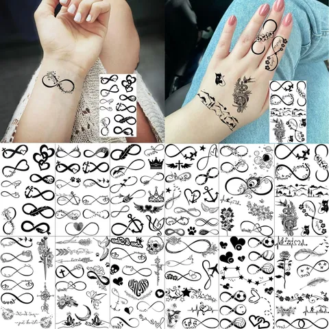 Adesivo per Tatuaggio Temporaneo Impermeabile Arte Linea Geometrica Infinito EKG Dito Mano Corpo