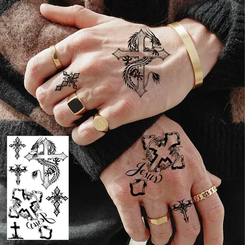 Adesivo per Tatuaggio a Trasferimento d'Acqua Temporaneo Impermeabile Body Art Motivo Croce Gotica per Mano Collo Donna Uomo