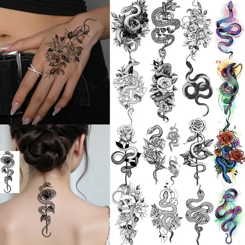Adesivo per Tatuaggio Trasferimento d'Acqua Serpente Floreale Nero E Bianco Tatuaggio Temporaneo Per Donne Arte Corporea Finto Adesivo