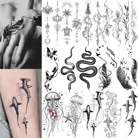 Adesivi per Tatuaggi Temporanei Impermeabili Animali Marini Serpente Loto Nero Minimalista Body Art Finto Tatuaggio per Donne Uomini