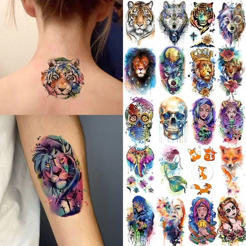 Adesivi Per Tatuaggi Temporanei Impermeabili Design ad Acquarello per Animali Colorati Finto Tatuaggio Per Mano Collo Body Art Festa Trucco