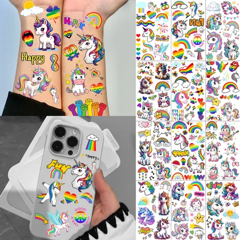 Adesivi per Tatuaggi Temporanei per Bambini Simpatici Unicorno Arcobaleno Cartone Animato Impermeabile Finti Tatuaggi Festa