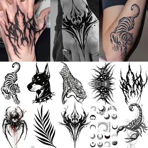 Adesivo per Tatuaggio Temporaneo con Totem Animale in Bianco e Nero Impermeabile Stile Gotico Body Art Finto Tatuaggio per Mano e Piede