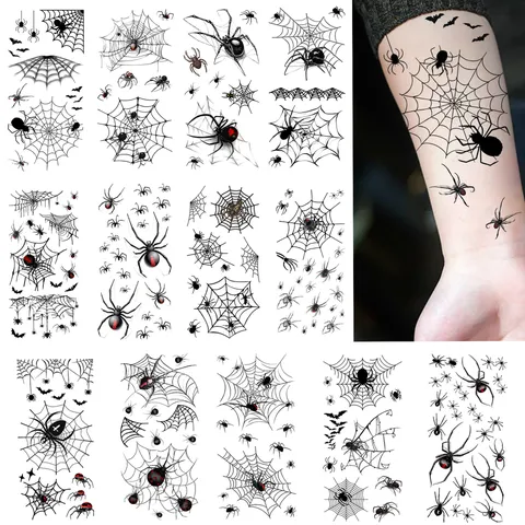 Adesivi per Tatuaggi Temporanei di Halloween Ragnatela Nera Pipistrello Finti Tatuaggi Impermeabili Body Art