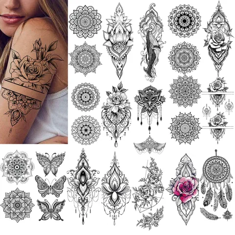 Adesivo Tatuaggio Temporaneo Trasferimento d'Acqua Geometrico Mandala Henna Nero Bianco Arte Corporea Finto Tatuaje Per Braccio Mano