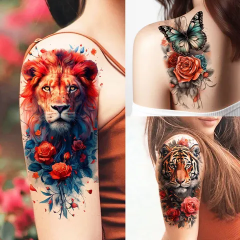 Adesivo Per Tatuaggio Temporaneo Di Animali Ad Acquerello Tigre Volpe Leone Lupo Rosa Impermeabile Finto Tatuaggio Corpo
