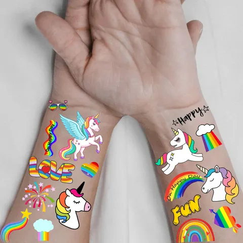 Adesivi per Tatuaggi Temporanei per Bambini Simpatici Unicorno Arcobaleno Cartone Animato Impermeabile Finti Tatuaggi Festa